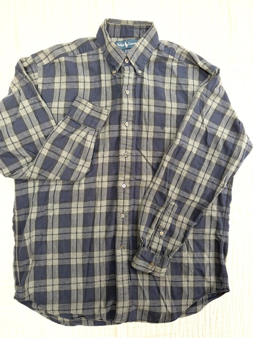 Vintage 90s Polo Ralph Lauren Blaire Button Down Shirt Blue Gray Plaid Cotton Me